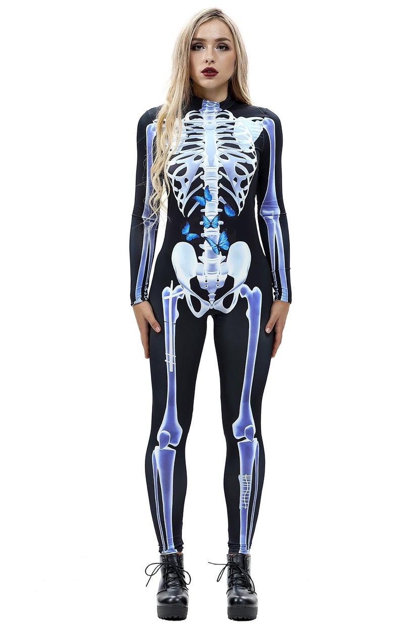 URVIP Women Halloween Skeleton Costume Stretch Skinny Catsuit Jumpsuit Bodysuit Color-BAX-012 L - Image 1